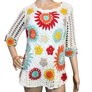 VTG Y2K Cristina Boho Crochet Floral Patchwork Artsy Top Lined Tunic Festival M